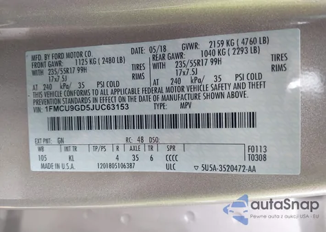 2018 Ford Escape Se из США, поврежденный, VIN 1FMCU9GD5JUC63153